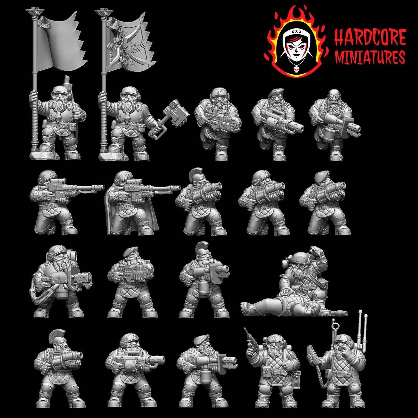 19 x Classic Space Dwarves - HQ Squad - Galactic Dwarves of the Dwarf Squat division Imperial - Sci-fi - Hardcore Miniatures - Retro