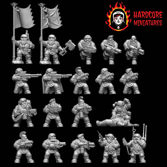 19 x Classic Space Dwarves - HQ Squad - Galactic Dwarves of the Dwarf Squat division Imperial - Sci-fi - Hardcore Miniatures - Retro