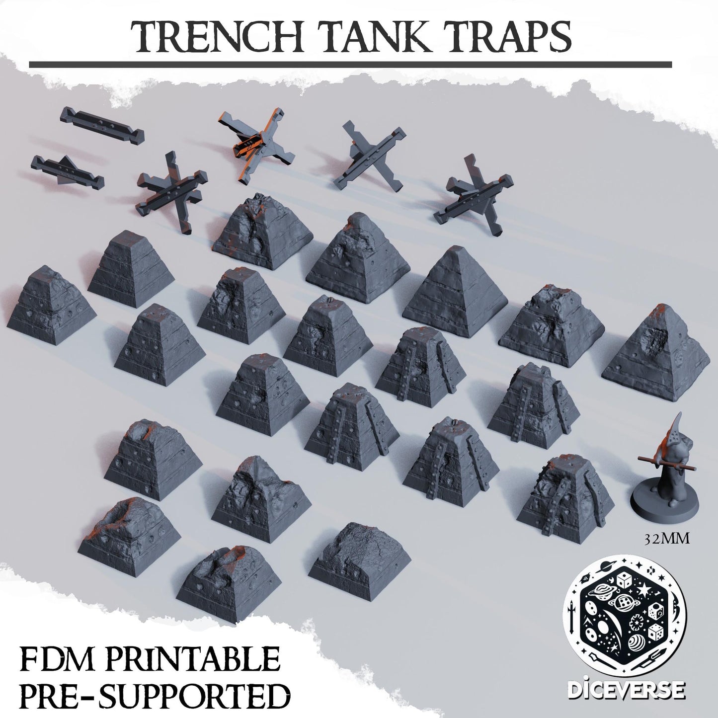 Trench Tank Traps Set Terrain - Crusade Scenery - Tabletop and Wargaming Terrain