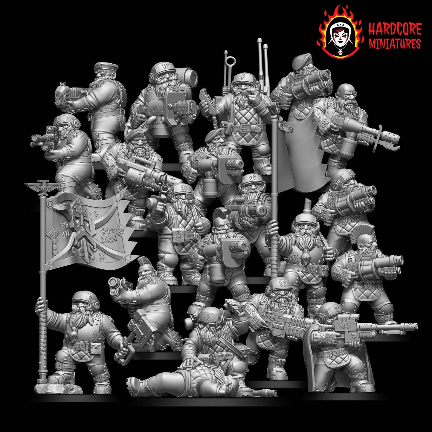 19 x Classic Space Dwarves - HQ Squad - Galactic Dwarves of the Dwarf Squat division Imperial - Sci-fi - Hardcore Miniatures - Retro