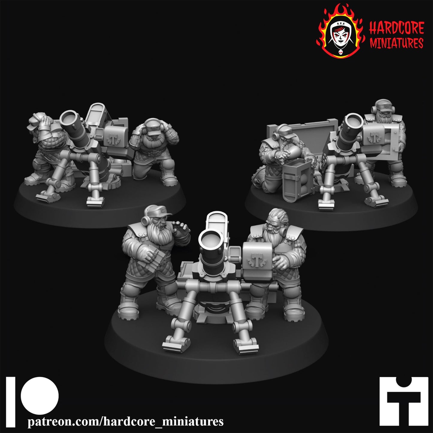 3 x Classic Space Dwarves Mortar Crews - Galactic Dwarves of the Dwarf Squat division Imperial - Sci-fi - Hardcore Miniatures