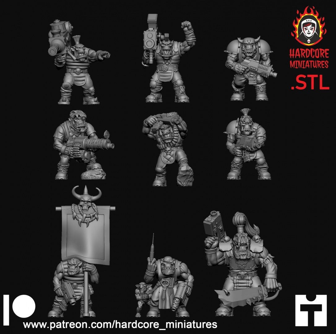 9 x Classic Space Orcs Dead Skull Gang - Orkaz Ork Orc Boyz Big Tootha - Nobz Nob, Shoota Boys - Patrol of Combat - Hardcore Miniatures