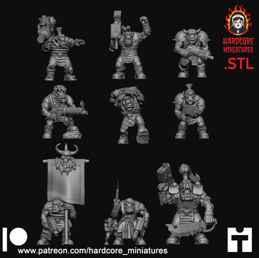 9 x Classic Space Orcs Dead Skull Gang - Orkaz Ork Orc Boyz Big Tootha - Nobz Nob, Shoota Boys - Patrol of Combat - Hardcore Miniatures