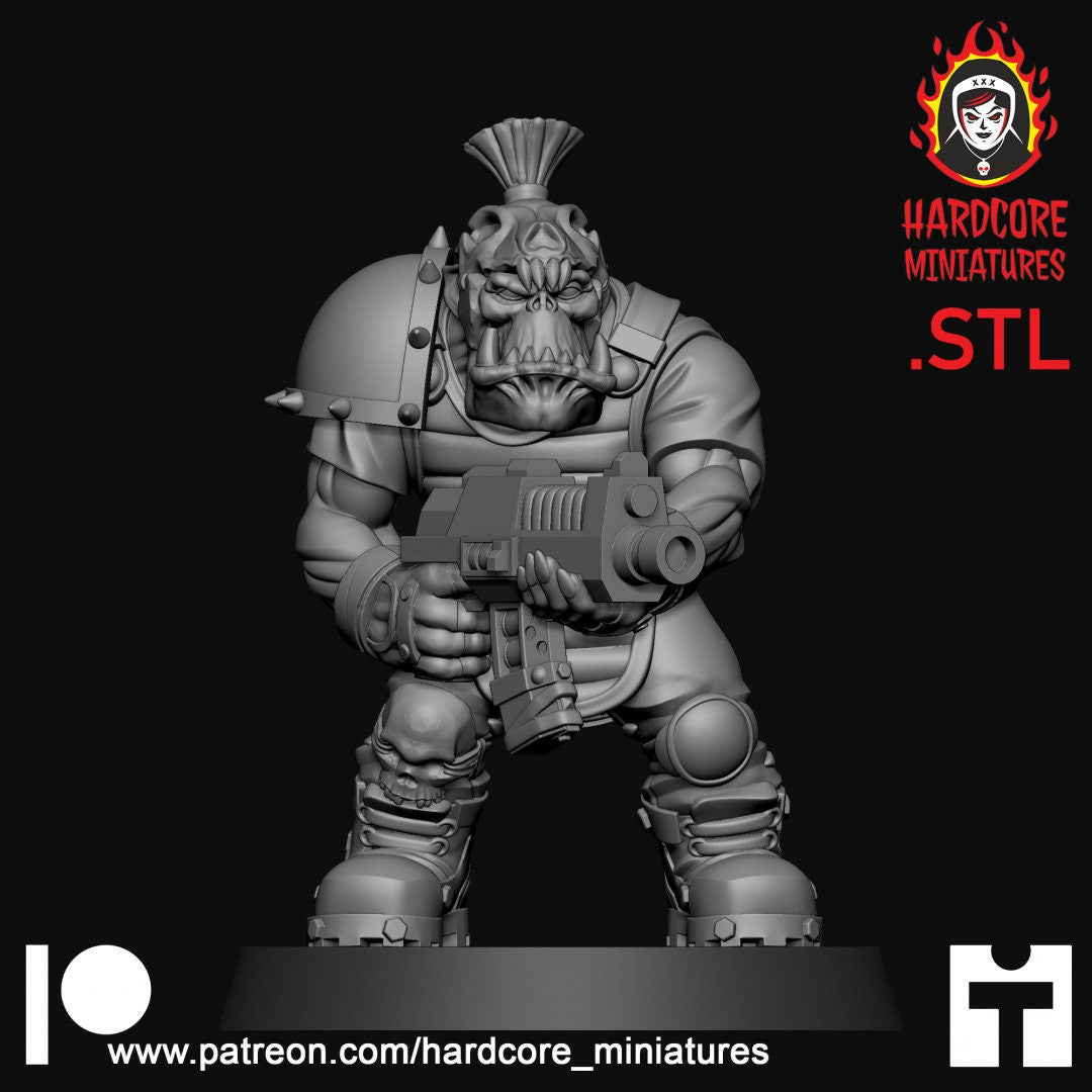 9 x Classic Space Orcs Dead Skull Gang - Orkaz Ork Orc Boyz Big Tootha - Nobz Nob, Shoota Boys - Patrol of Combat - Hardcore Miniatures