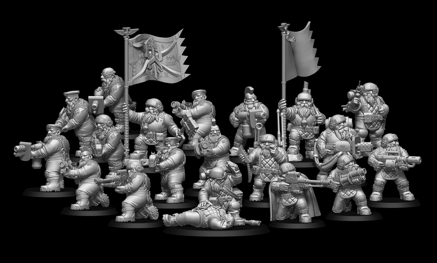 19 x Classic Space Dwarves - HQ Squad - Galactic Dwarves of the Dwarf Squat division Imperial - Sci-fi - Hardcore Miniatures - Retro