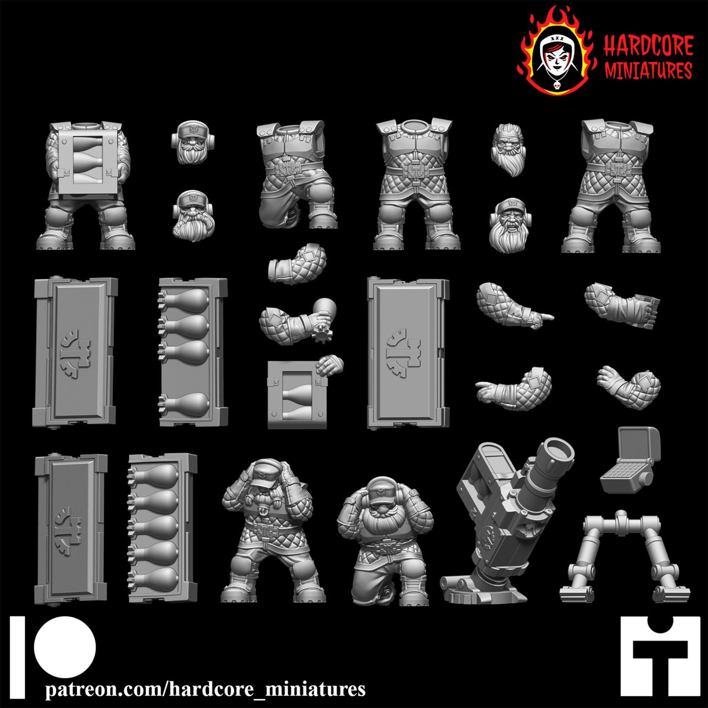 3 x Classic Space Dwarves Mortar Crews - Galactic Dwarves of the Dwarf Squat division Imperial - Sci-fi - Hardcore Miniatures